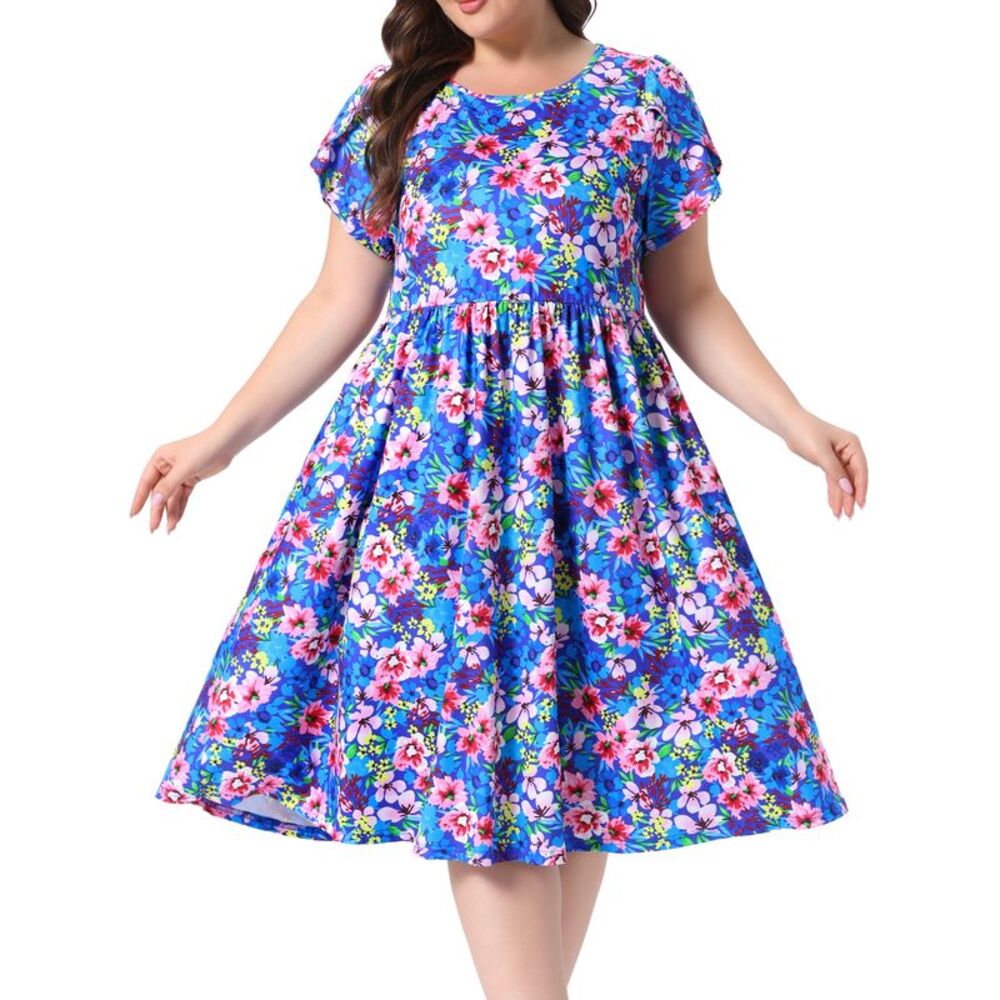 Women Plus Size Floral Tulip Sleeve Summer A Line Midi Dress Blue Purple